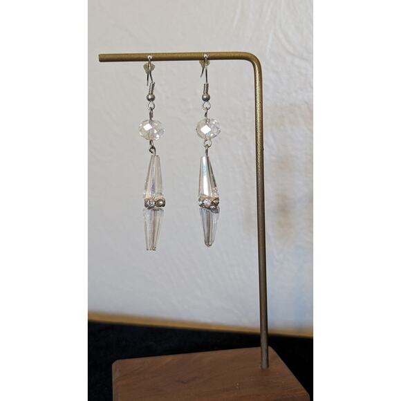 Cut Crystal Rhinestone Rondelle Bead French Wire Dangle Earrings - Picture 3 of 5